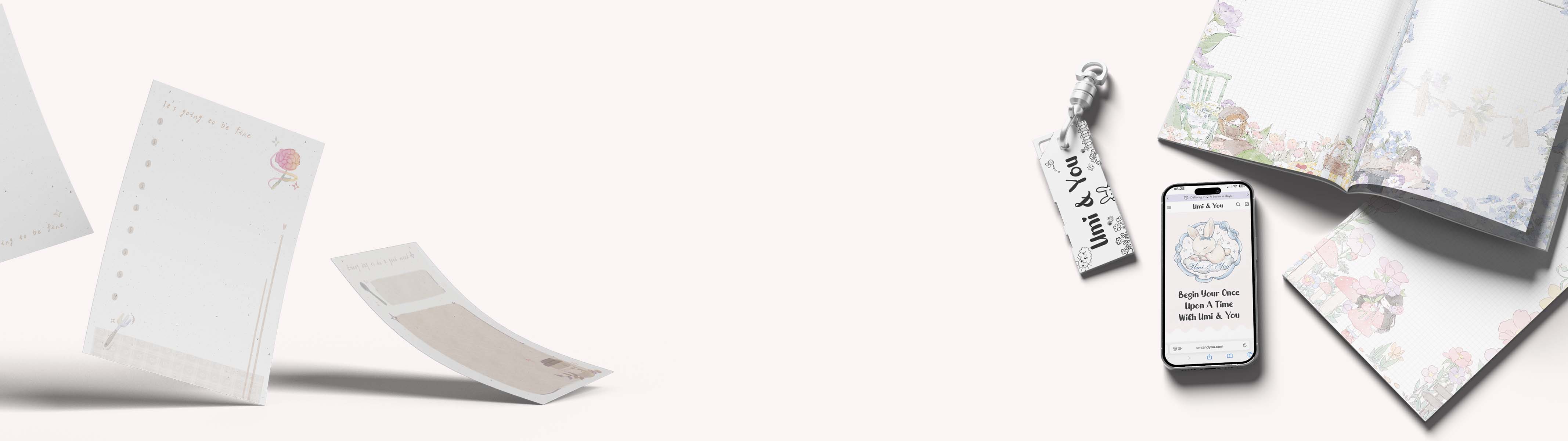 Miouva creative stationery homepage banner featuring notepads, journaling papers, and stickers, with the brand tagline “crafted for gentle days.”