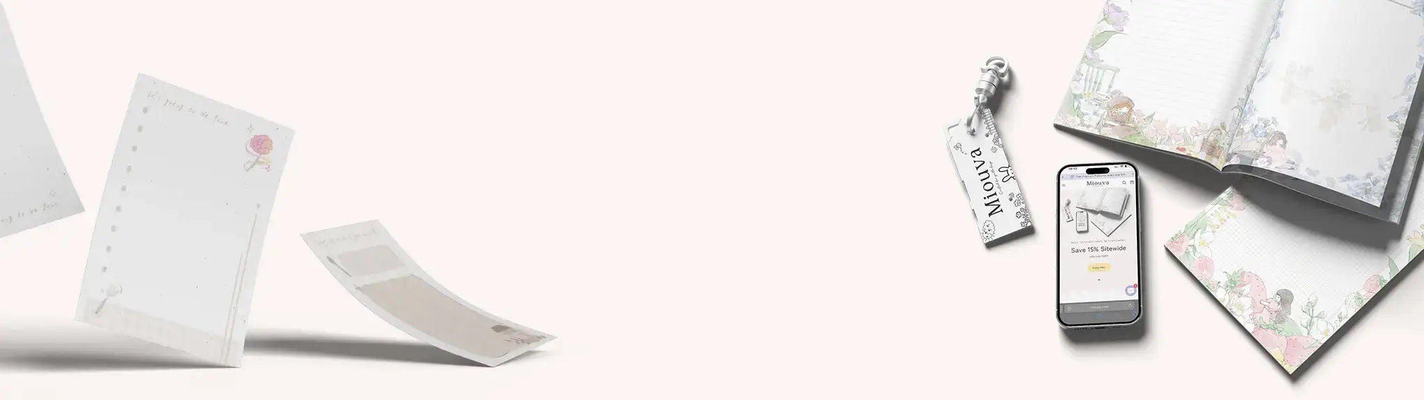 Miouva creative stationery homepage banner featuring notepads, journaling papers, and stickers, with the brand tagline “crafted for gentle days.”