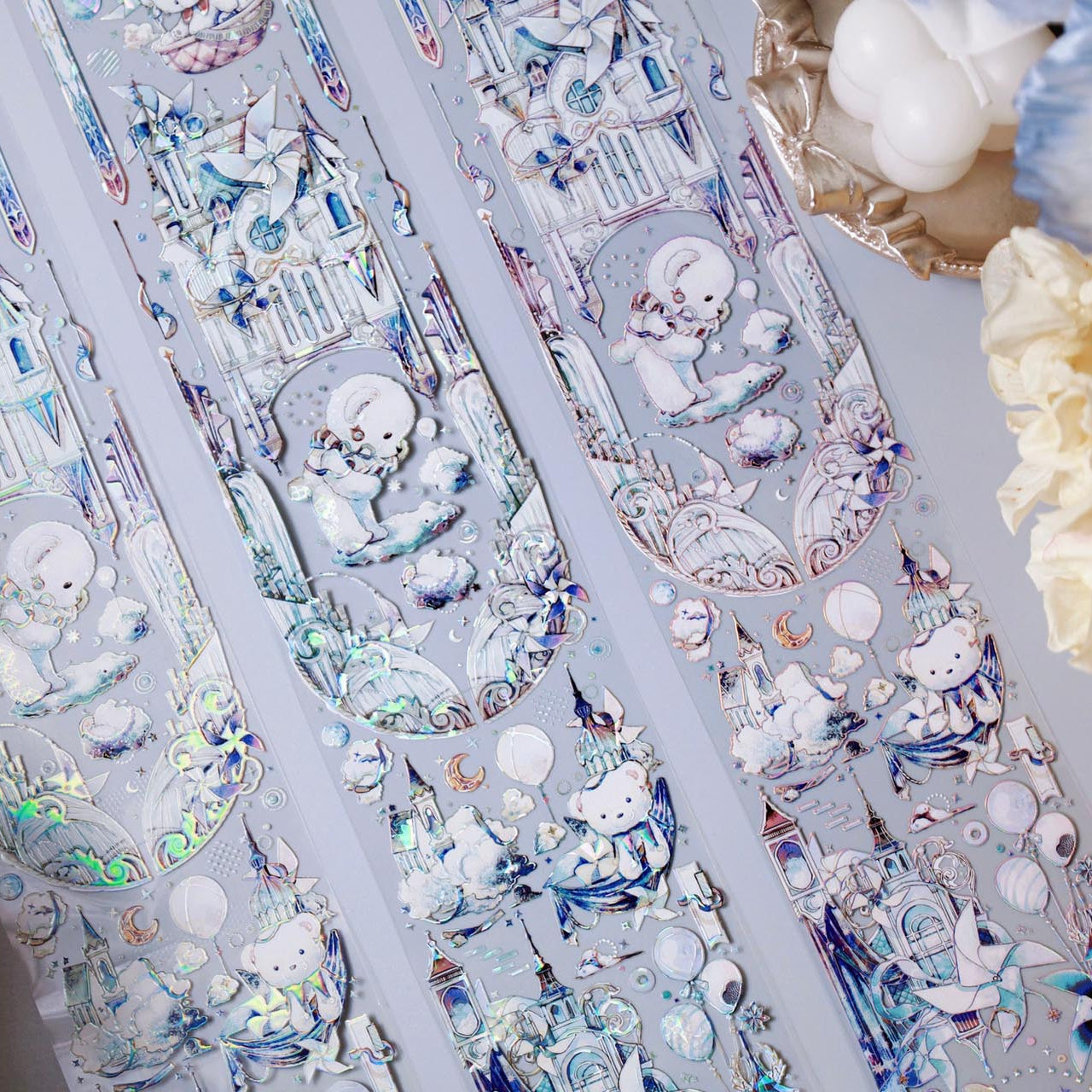 Bear’s Journey PET tape featuring fairytale scenes and iridescent reflections under soft light - Miouva