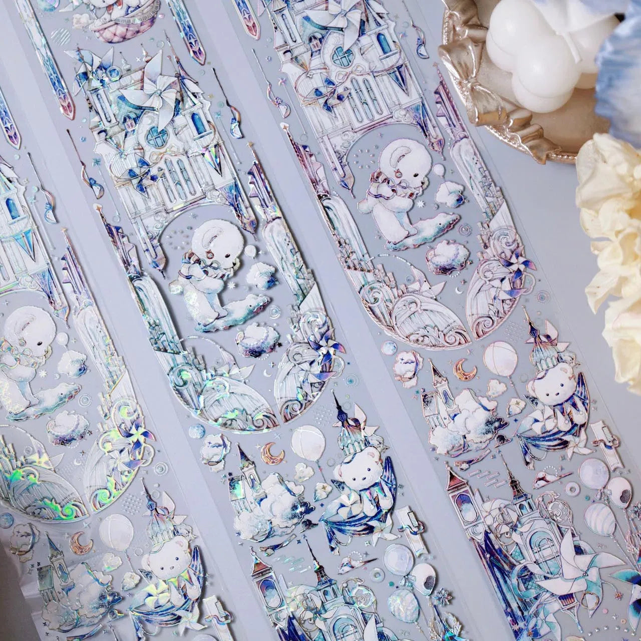 Bear’s Journey PET tape featuring fairytale scenes and iridescent reflections under soft light - Miouva