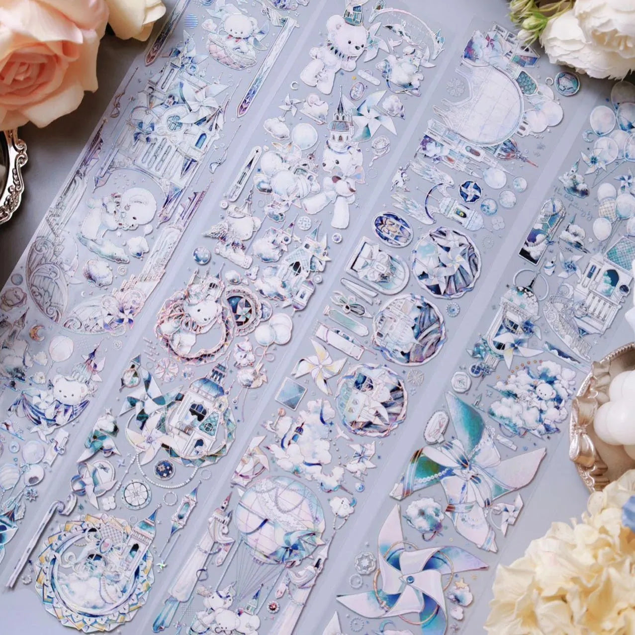 Bear’s Journey PET Tape full sheet with holographic pastel bear and castle design by Shine Studio - Miouva
