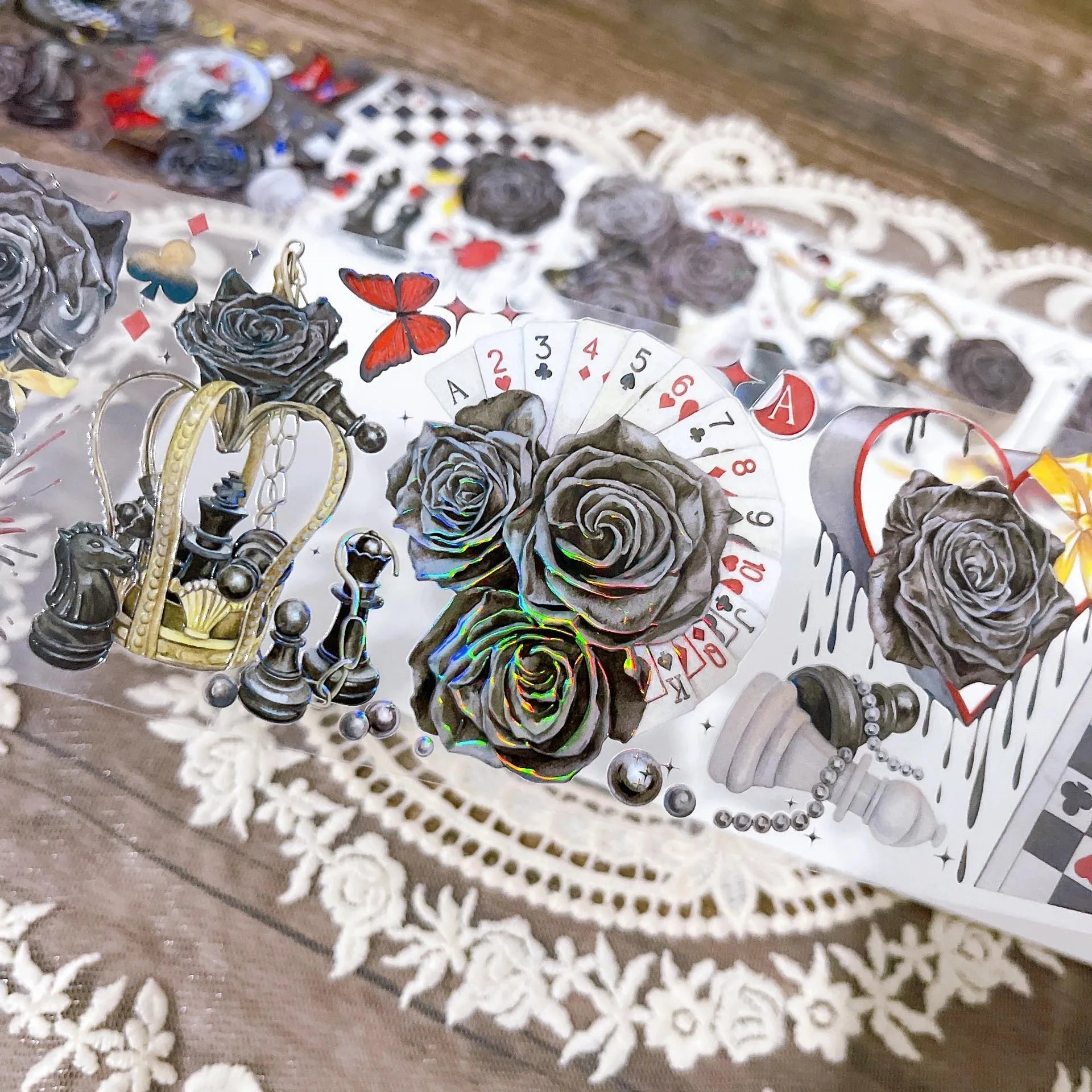 Detailed view of chess pieces, butterflies, and red hearts on Black Spade Fantasy II holographic PET tape - Miouva