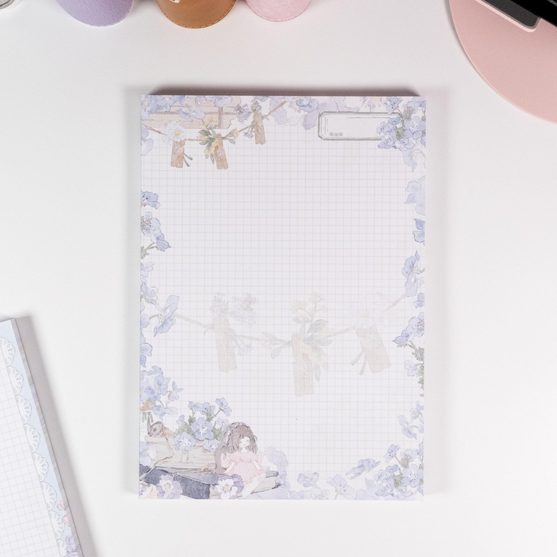Blooming Days A5 Notepad variant with watercolour forget-me-not flowers in soft blue tones and elegant layout - Miouva