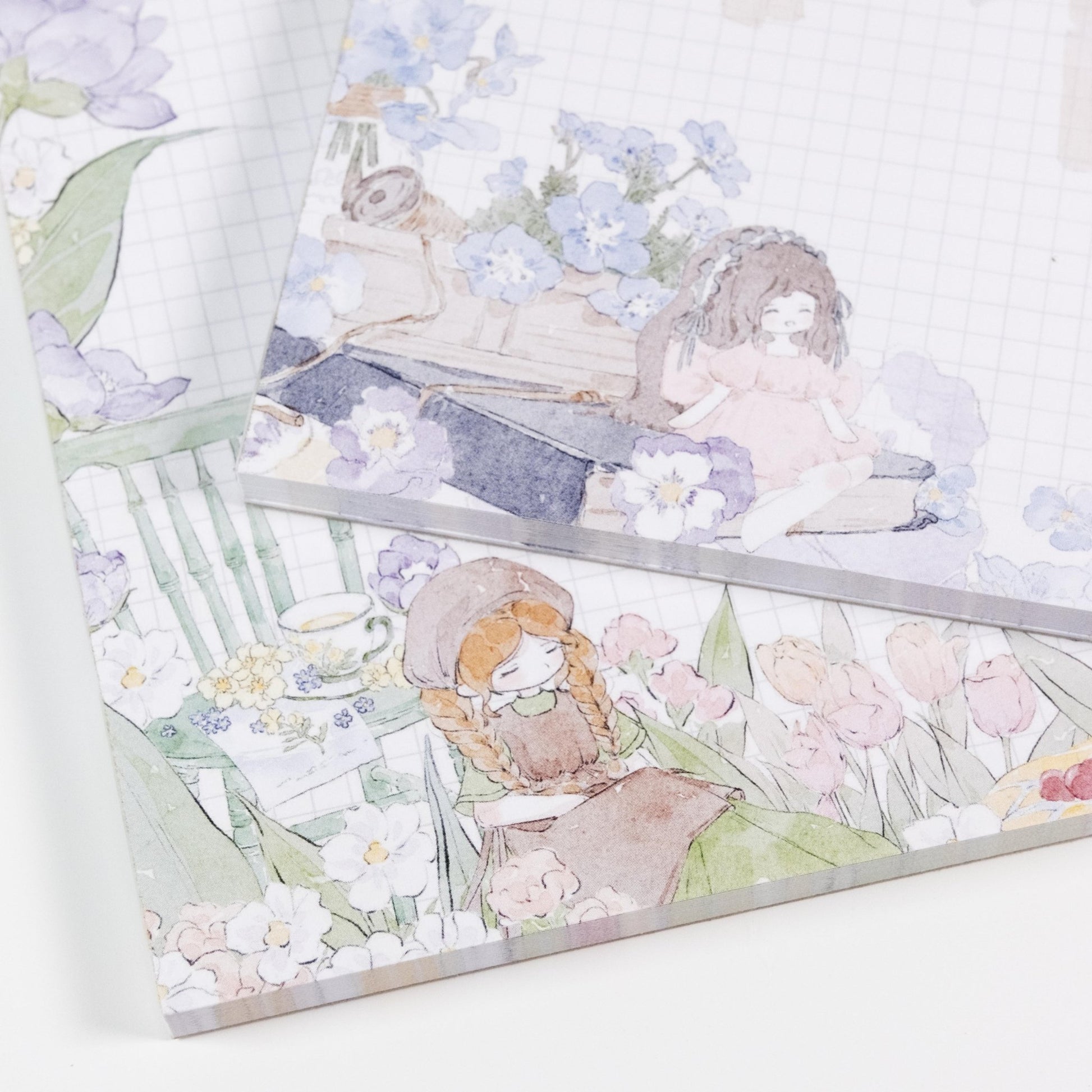 Close-up of Blooming Days Notepad showing delicate watercolour brushwork and hand-drawn flower details - Miouva