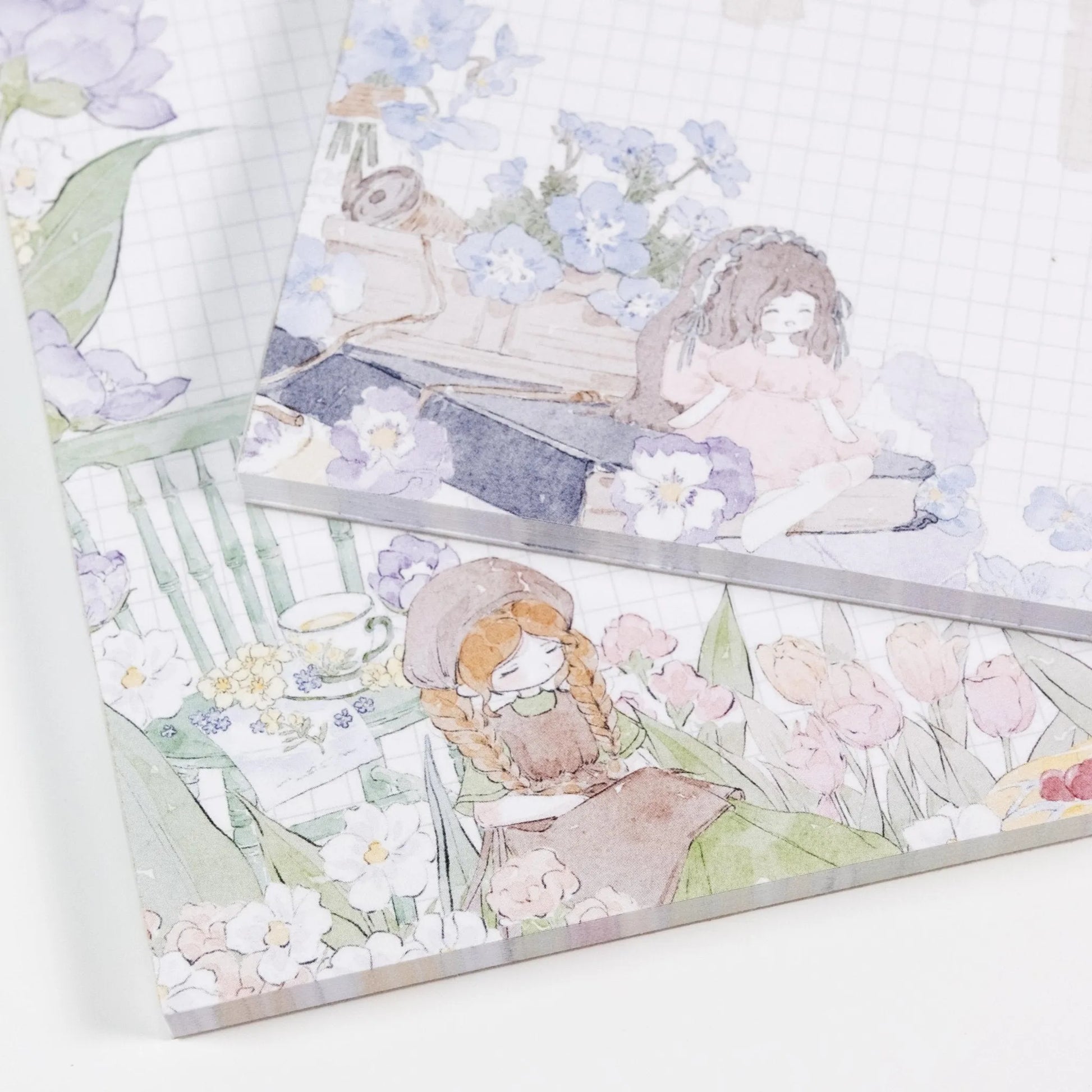 Close-up of Blooming Days Notepad showing delicate watercolour brushwork and hand-drawn flower details - Miouva