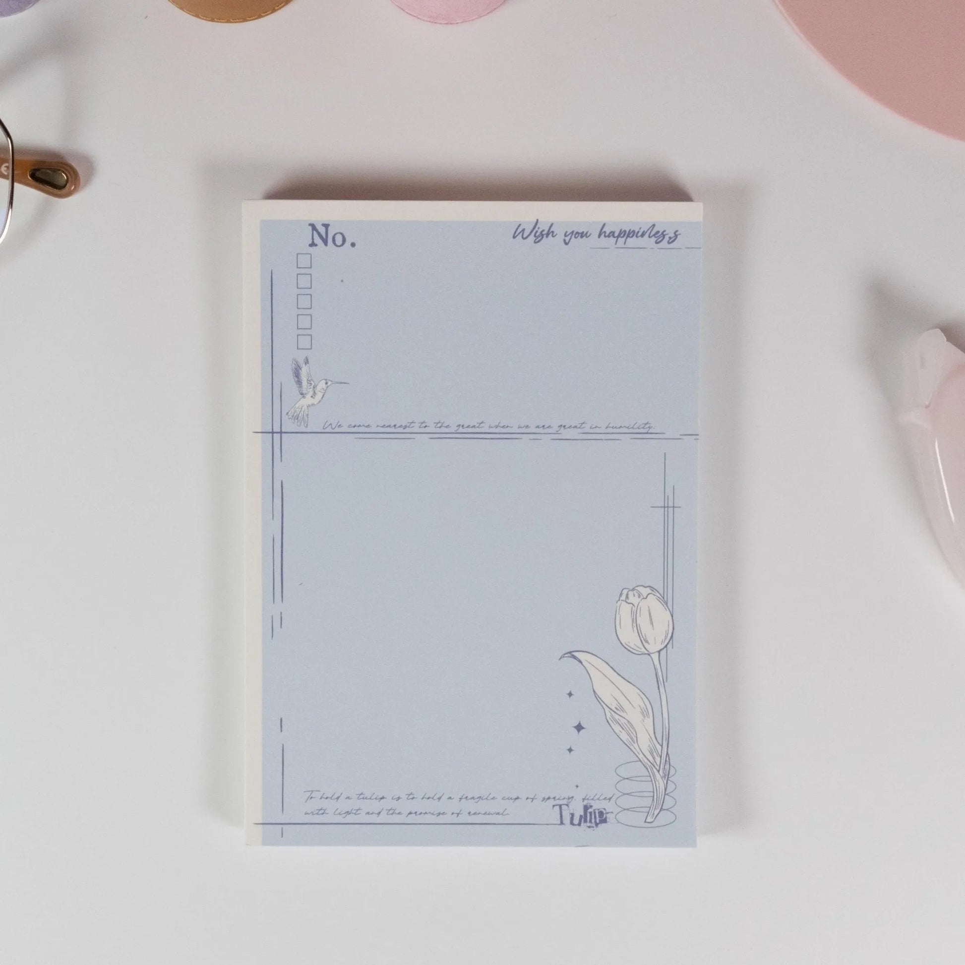Tulip Notes variant of Butterfly and Flower A6 notepad showing tulip and postage elements - Miouva