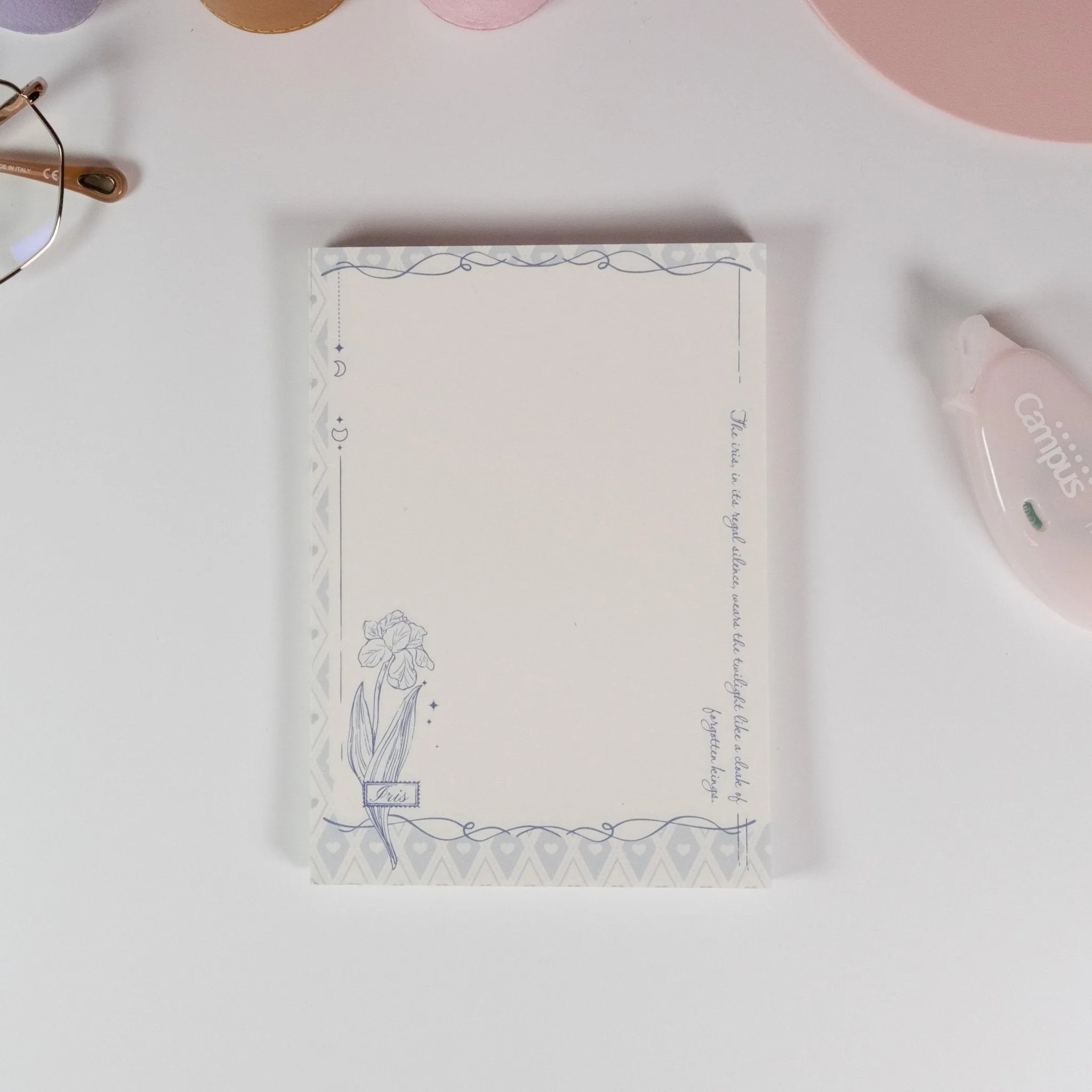 Moonlit Blossom variant of Butterfly and Flower A6 notepad with blue floral frame - Miouva