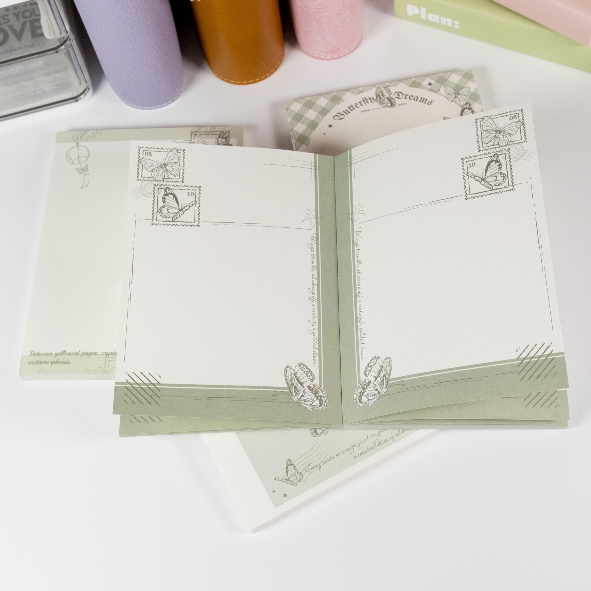 Butterfly Dreams A6 notepad with green vintage butterfly stamp design - Miouva