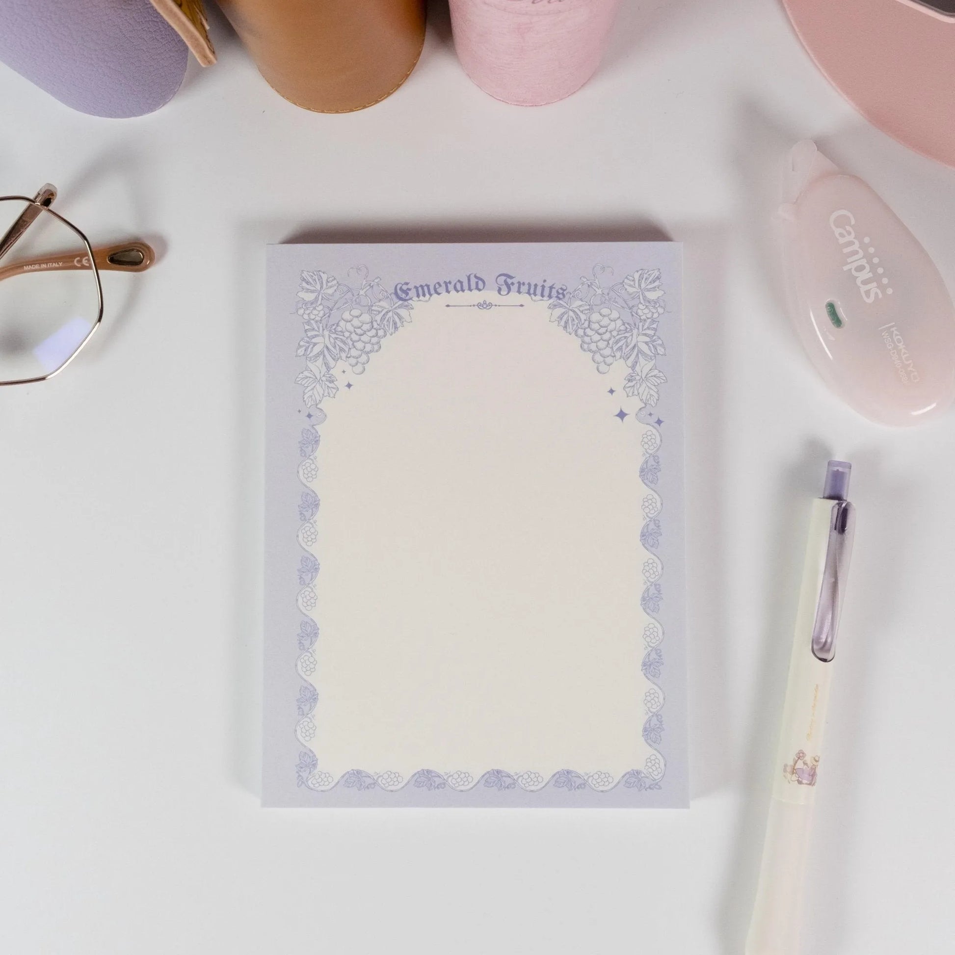 Emerald Fruits variant of Floral Fruits notepad with green citrus and purple flower pattern - Miouva