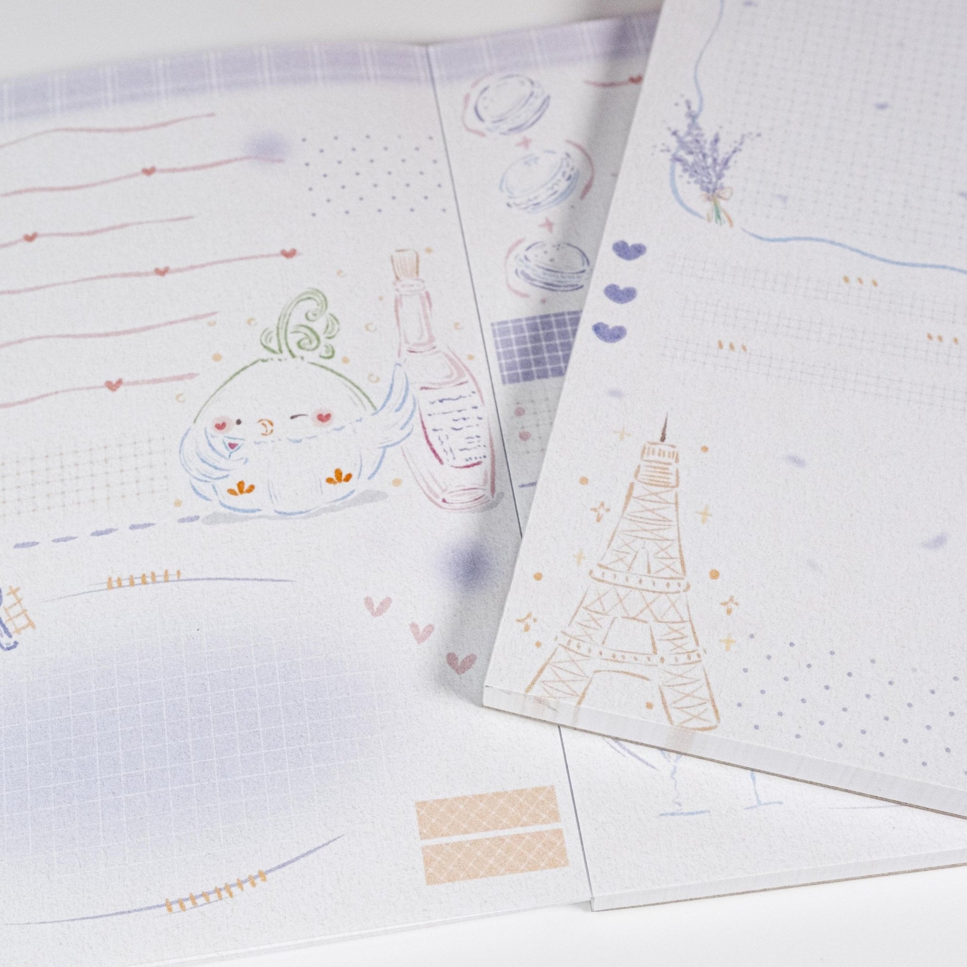 Detailed view of Little Chirp Notepad artwork featuring delicate bird drawings and fine linework - Miouva
