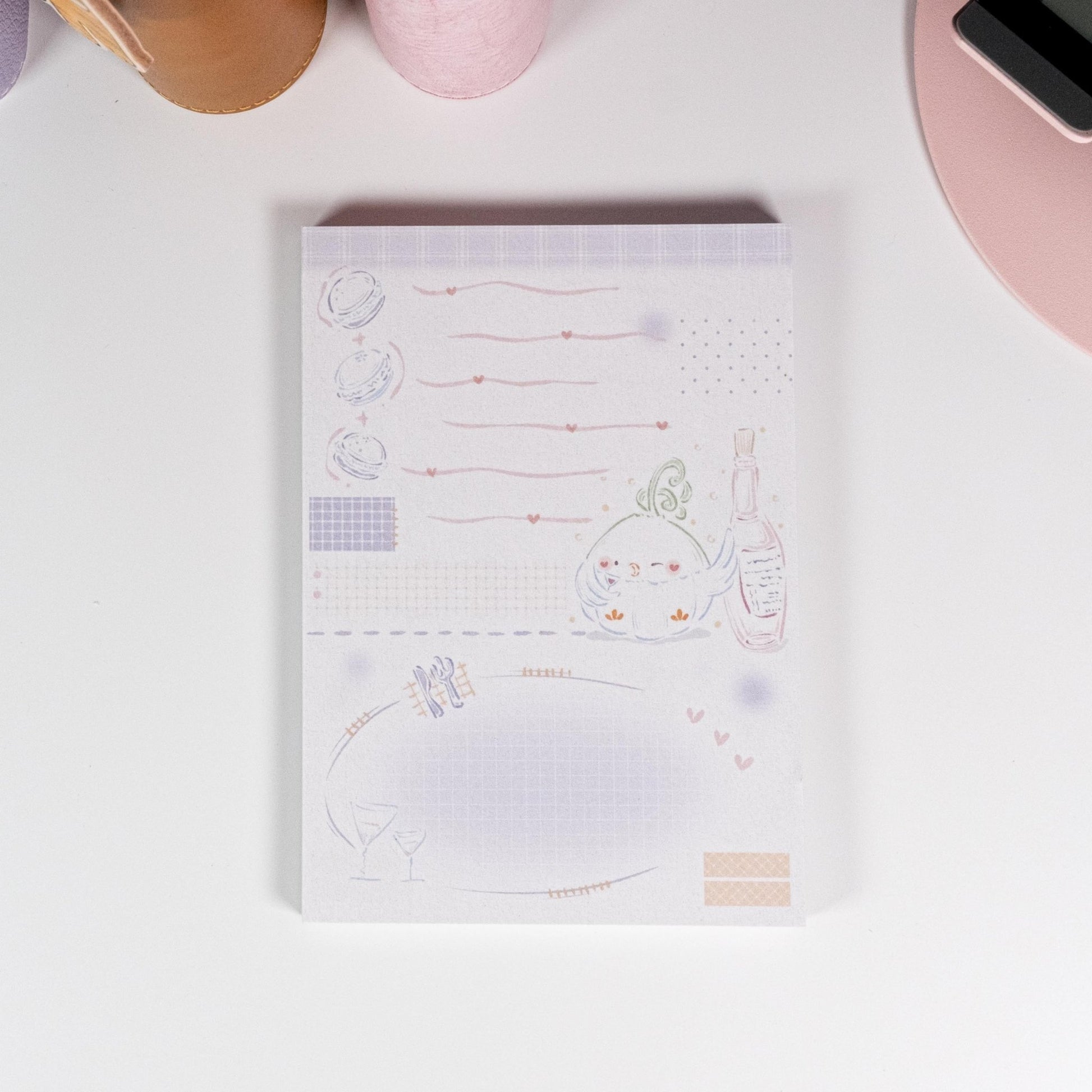 Little Chirp A6 Notepad featuring hand-drawn bird and Bordeaux wine theme in warm red tones - Miouva