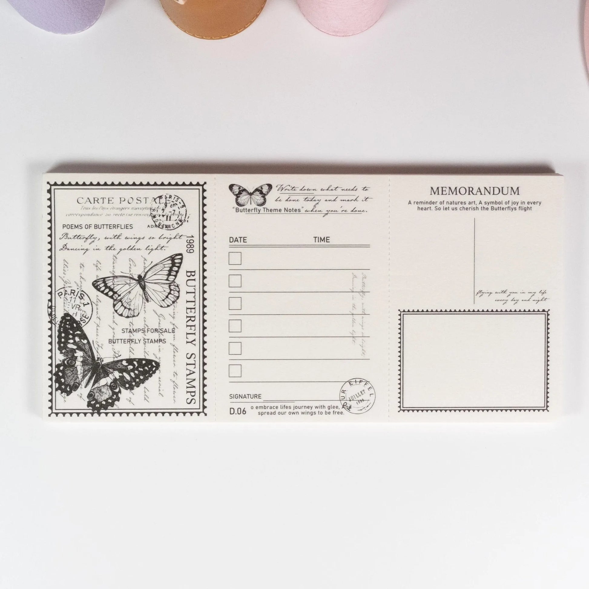 Lilith’s Stamp Memo Pad variant with butterfly motif and elegant linework on cream paper - Miouva