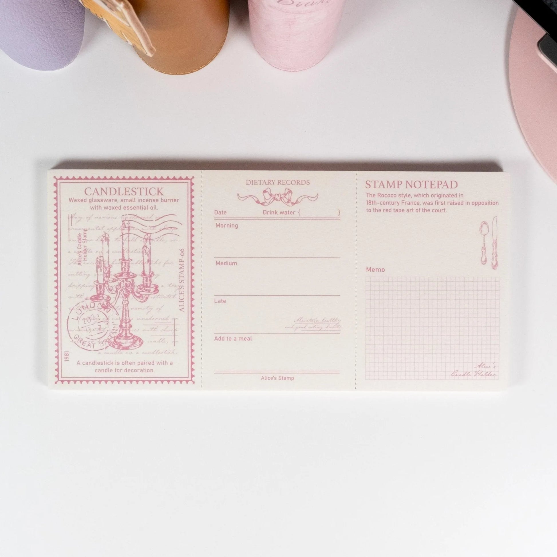 Lilith’s Stamp Memo Pad variant with classic candlestick illustration and vintage-inspired colour palette - Miouva