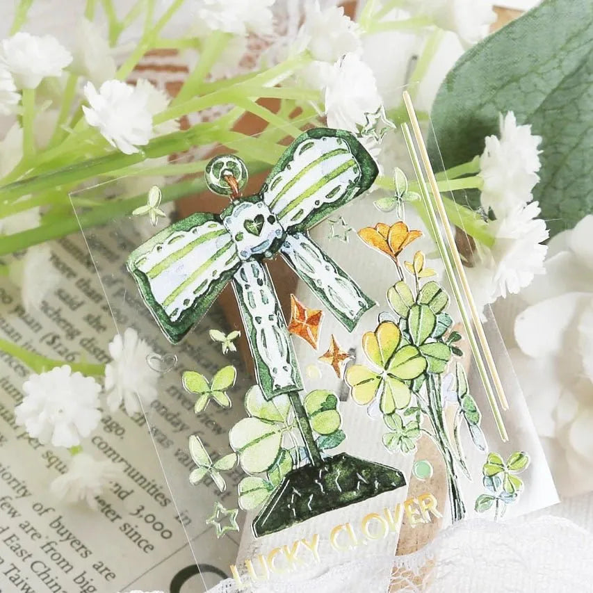 Detailed shot of green bow and golden stars design from Lucky Clover PET Tape under soft light - Miouva