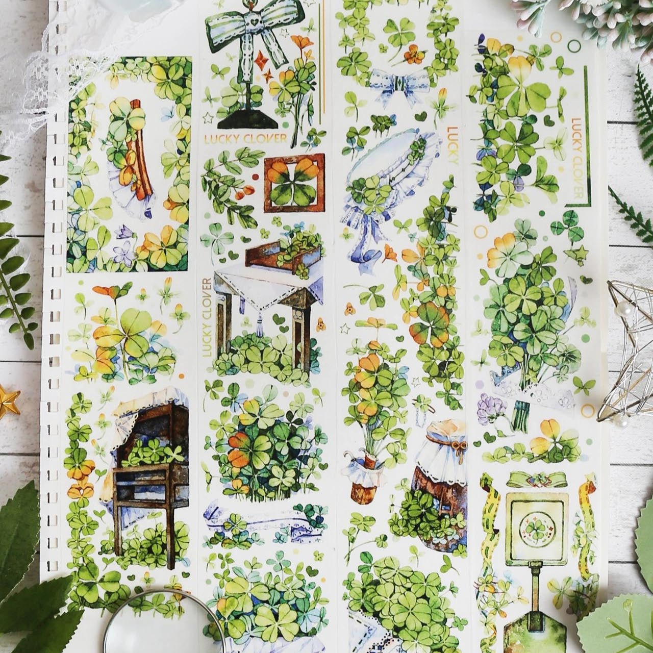 Full sheet of Lucky Clover PET Tape with watercolour clover leaves and ribbon motifs by King Kong Rabbit - Miouva
