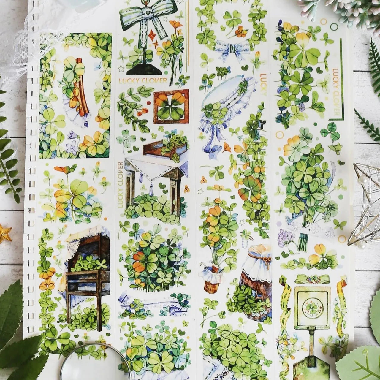 Full sheet of Lucky Clover PET Tape with watercolour clover leaves and ribbon motifs by King Kong Rabbit - Miouva