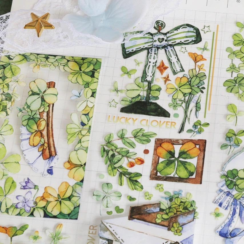 Close-up of Lucky Clover PET Tape showing green and yellow clovers with soft watercolour texture - Miouva