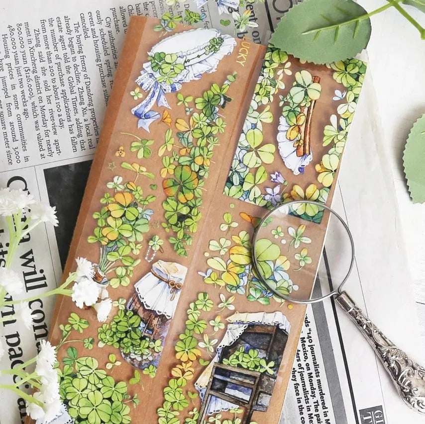 Lucky Clover PET Tape applied on brown journal paper with hand-drawn plants and vintage charm - Miouva