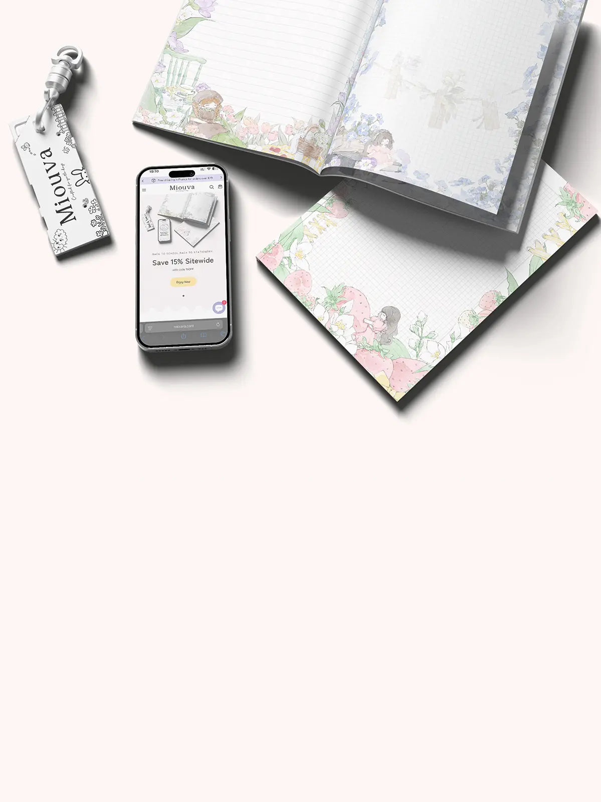 Miouva creative stationery homepage banner featuring notepads, journaling papers, and stickers, with the brand tagline “crafted for gentle days.”