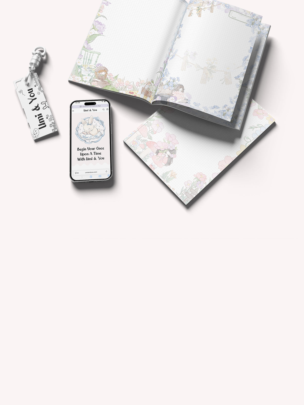 Miouva creative stationery homepage banner featuring notepads, journaling papers, and stickers, with the brand tagline “crafted for gentle days.”