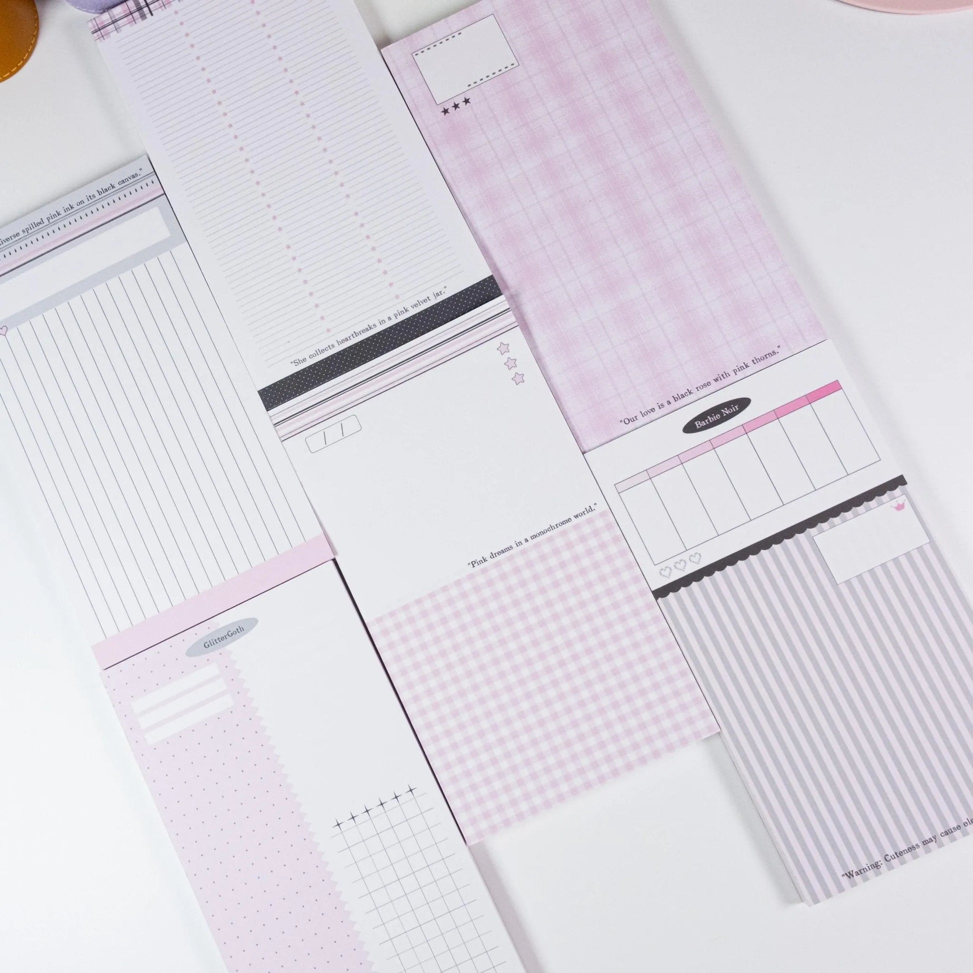 Pink & Ink Planner Refills exclusive design set showing six unique page layouts in black and blush pink - Miouva