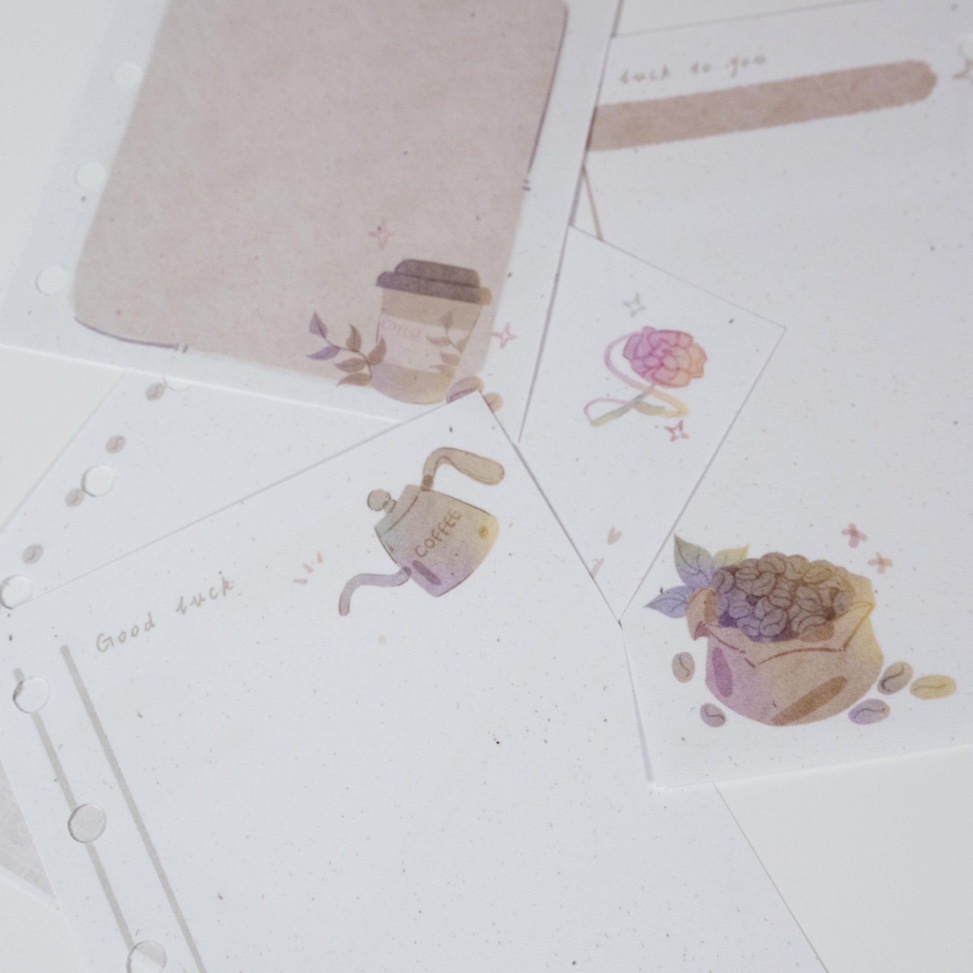 Close-up of Pocket Coffee Notepad highlighting delicate coffee illustrations and smooth FSC 120gsm paper texture - Miouva