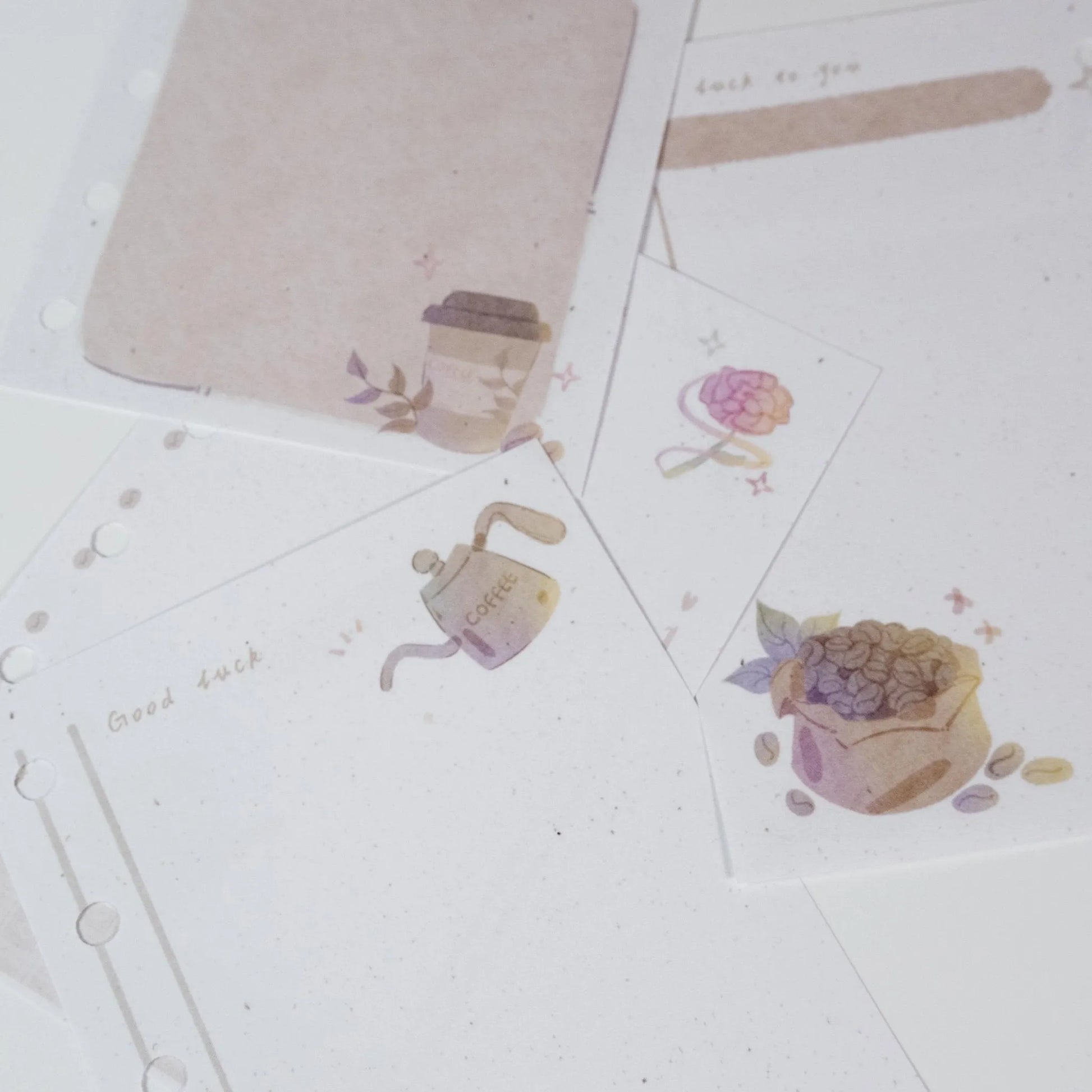 Close-up of Pocket Coffee Notepad highlighting delicate coffee illustrations and smooth FSC 120gsm paper texture - Miouva