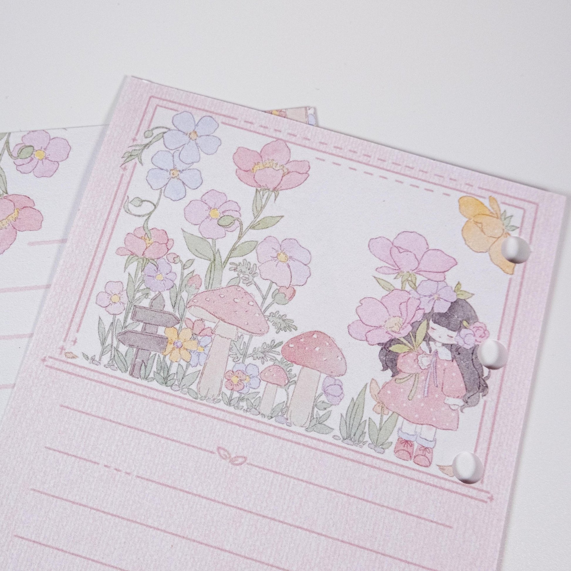 Close-up of Pink Primrose Notepad showing delicate primrose illustration and smooth FSC-certified 120gsm paper - Miouva