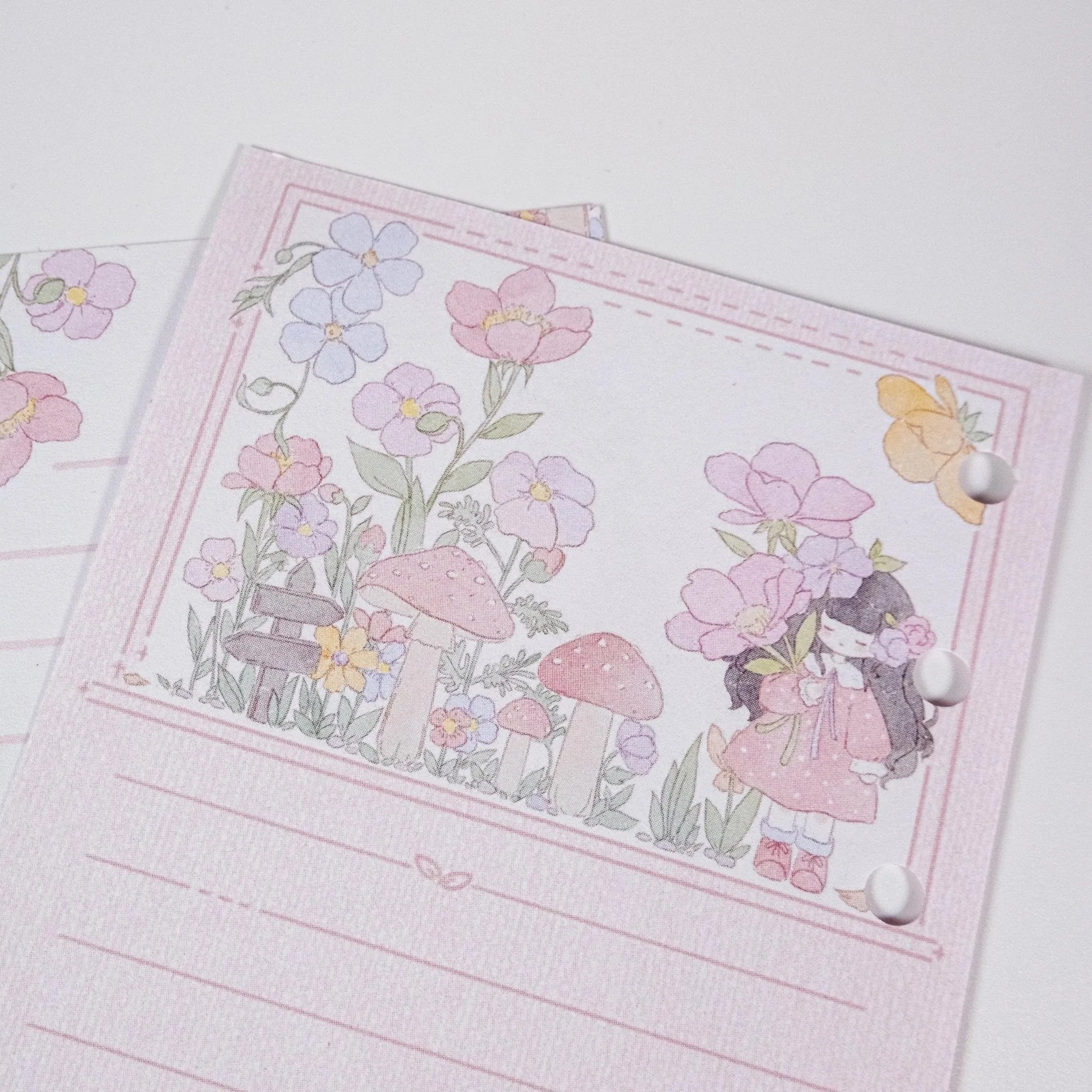Close-up of Pink Primrose Notepad showing delicate primrose illustration and smooth FSC-certified 120gsm paper - Miouva