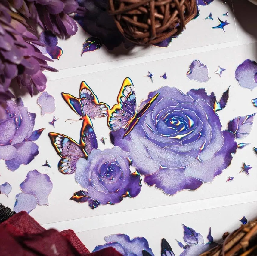 Detailed section of Purple Stardance PET Tape showing glowing butterfly and violet rose designs under soft light - Miouva