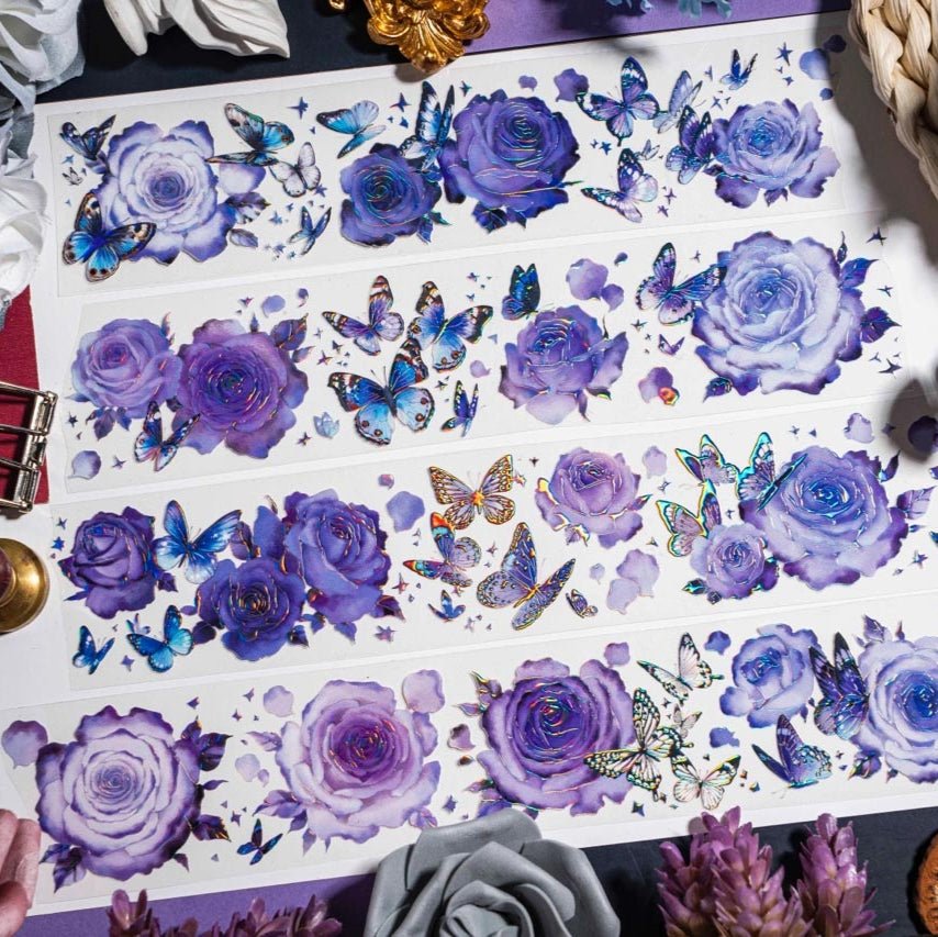 Full sheet of Purple Stardance PET Tape with holographic purple roses and butterflies by SHINE × STUDIO VI - Miouva