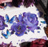 Close-up of hand-drawn purple roses and blue butterflies with shimmering holographic foil details - Miouva