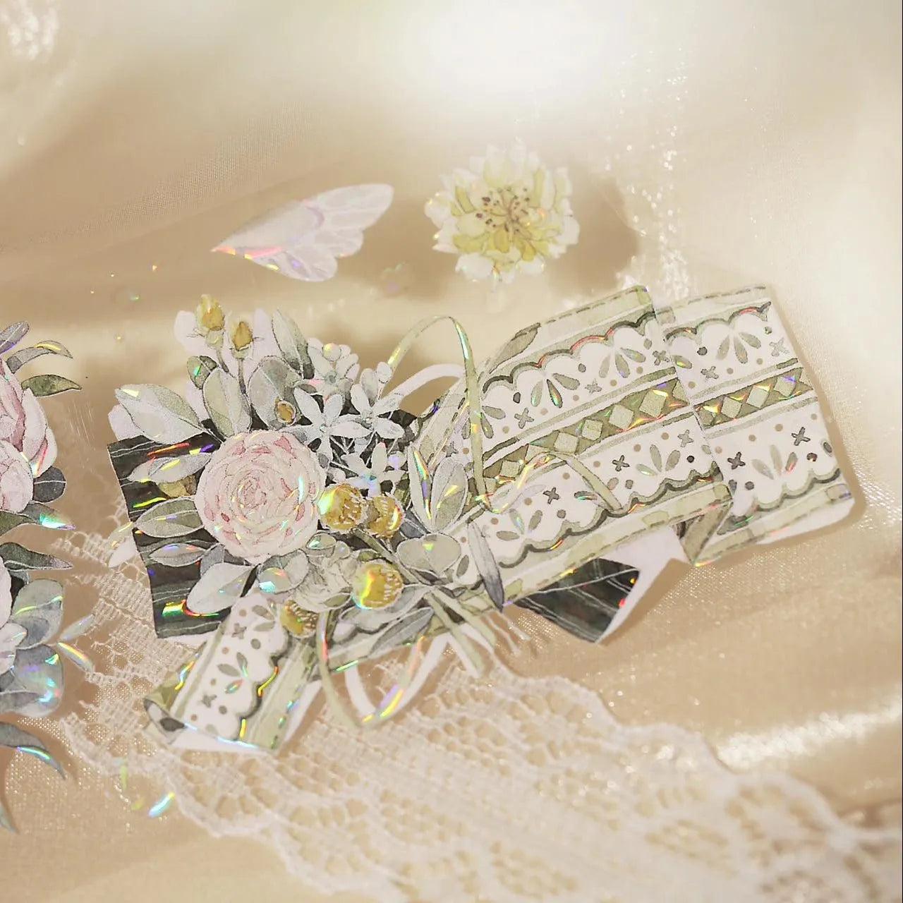 Decorative PET tape with lace and ribbon motif on ivory background - Miouva