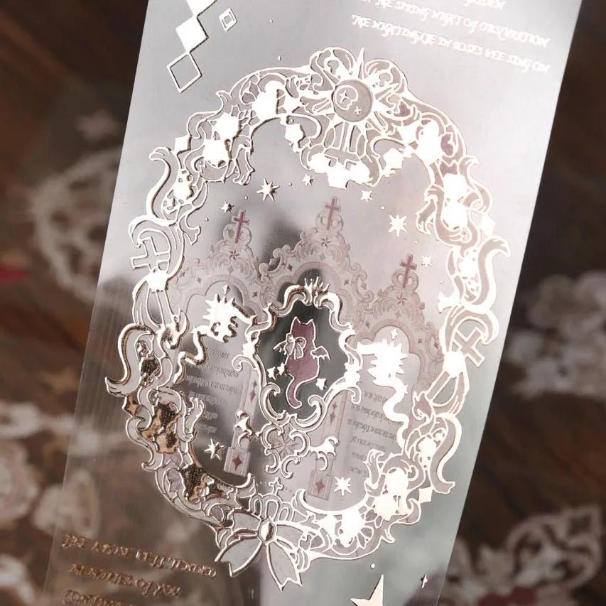 Close-up of Starlit Curtain PET Tape showing intricate gold and silver frame designs with celestial details - Miouva