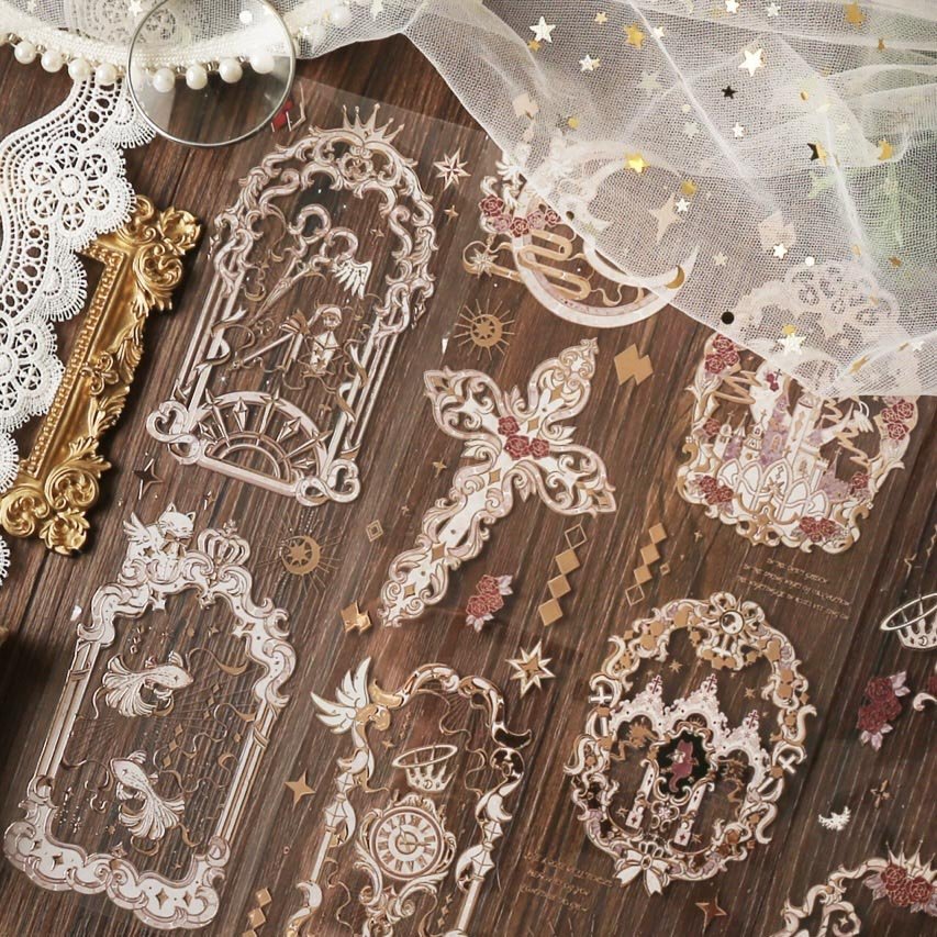 Starlit Curtain PET Tape by Inseason Studio featuring gothic window and celestial motifs in holographic silver - Miouva