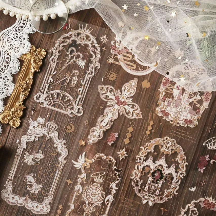 Starlit Curtain PET Tape by Inseason Studio featuring gothic window and celestial motifs in holographic silver - Miouva