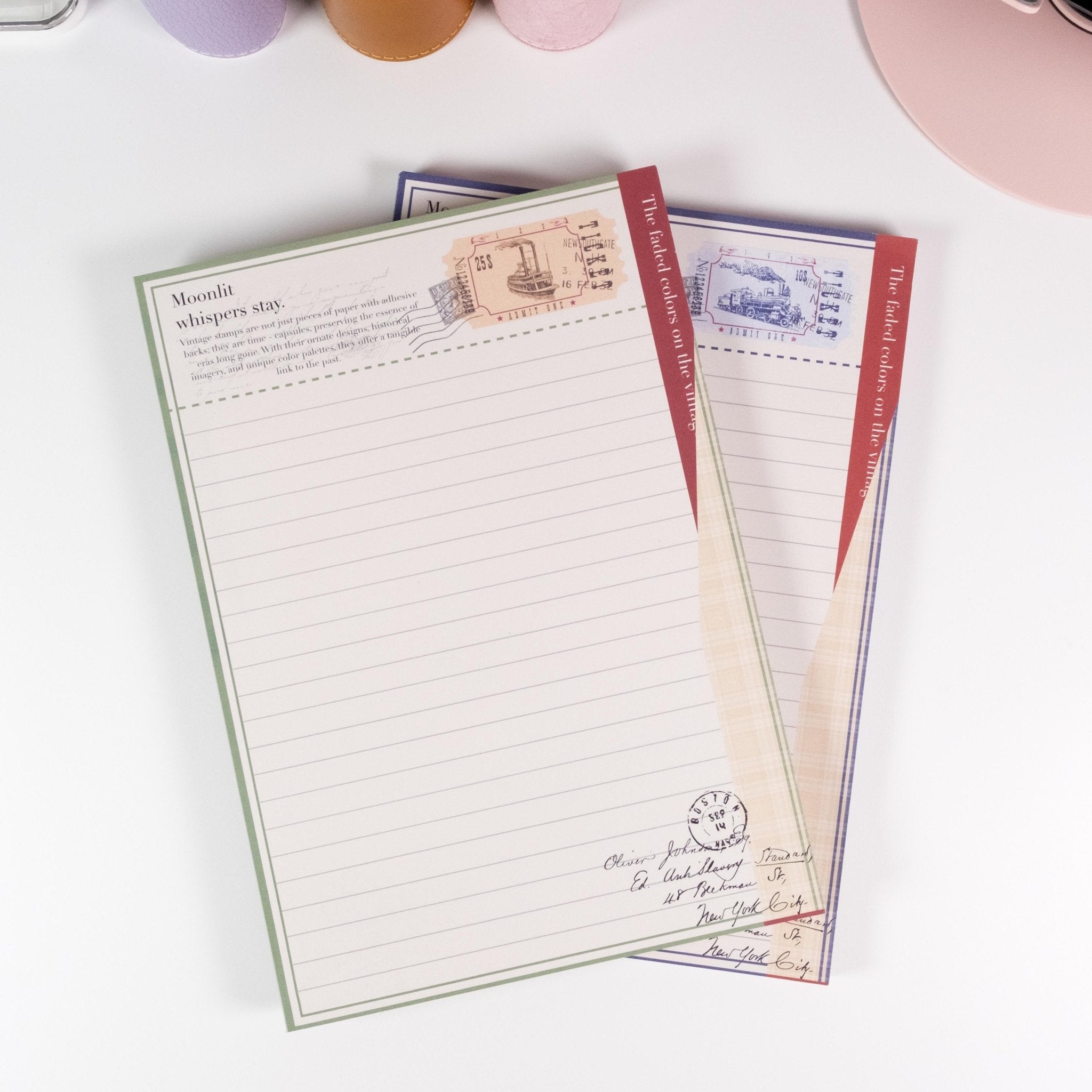 Flat lay of Vintage Train Postage Notepad showing A5 size, lined layout, and vintage travel-inspired artwork- Miouva