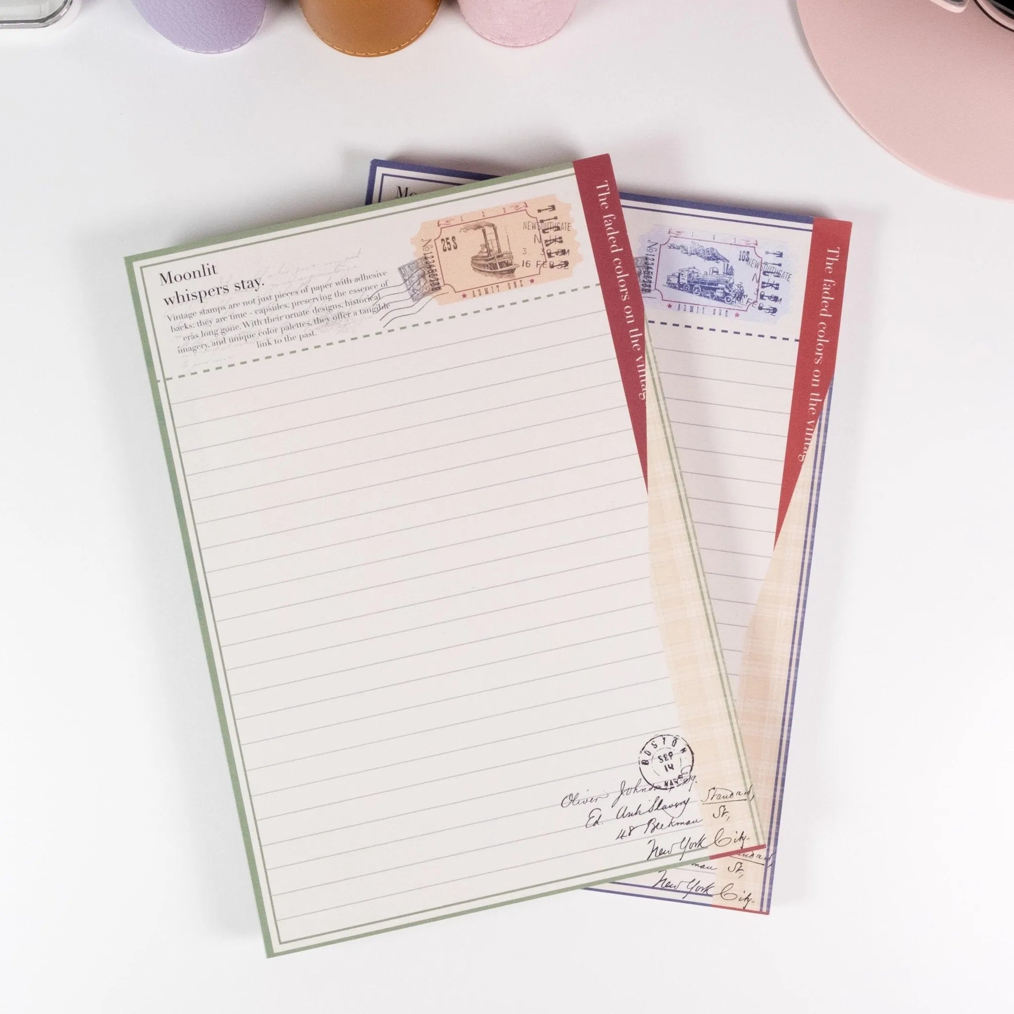 Flat lay of Vintage Train Postage Notepad showing A5 size, lined layout, and vintage travel-inspired artwork - Miouva