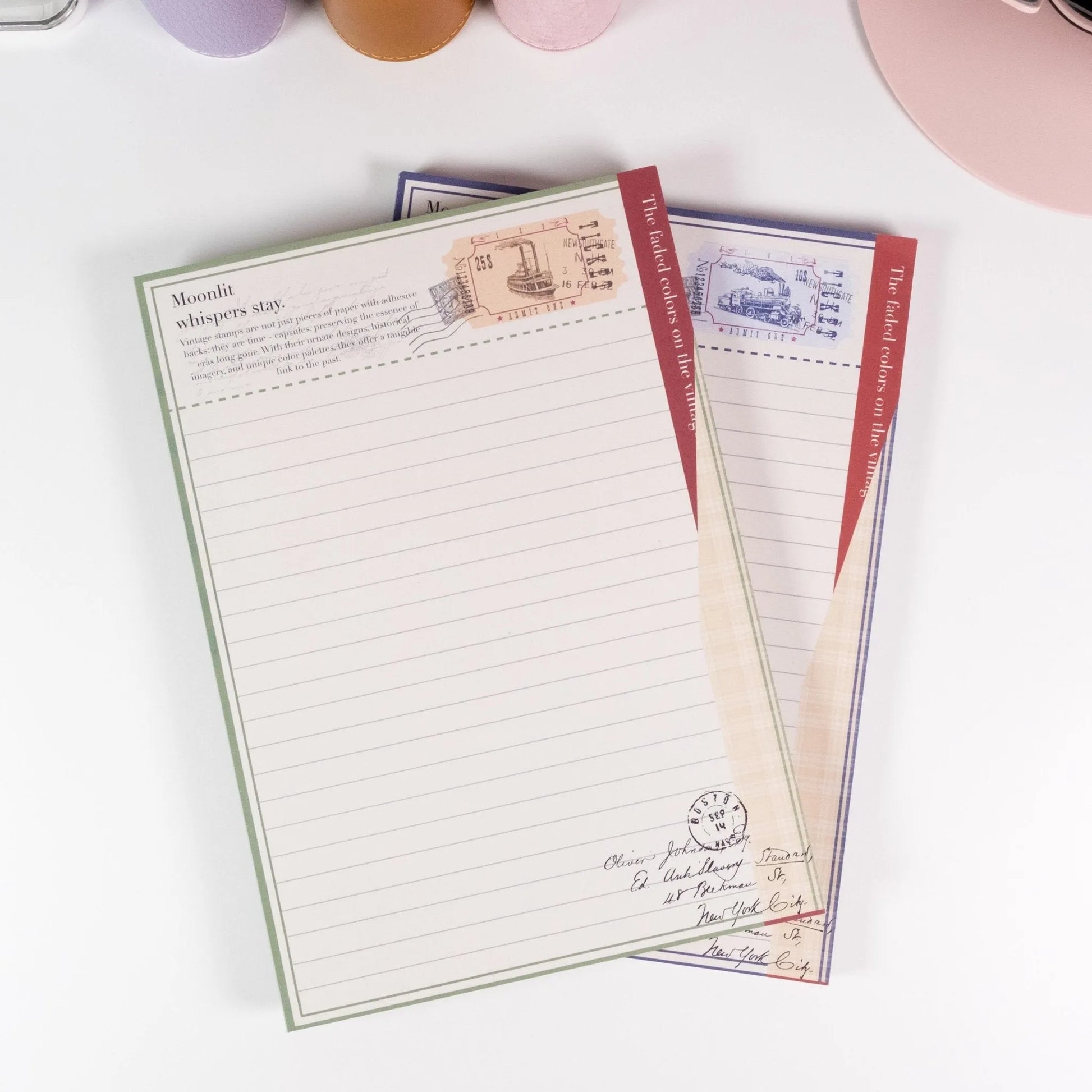 Flat lay of Vintage Train Postage Notepad showing A5 size, lined layout, and vintage travel-inspired artwork - Miouva