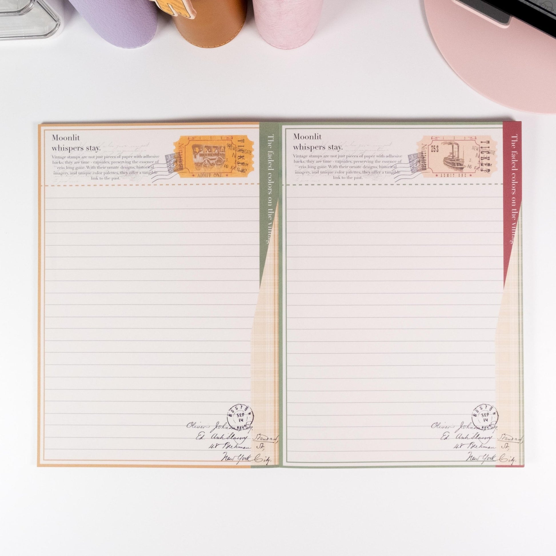 Vintage Train Postage Notepad variant featuring yellow and green hues with nostalgic postage and train artwork - Miouva