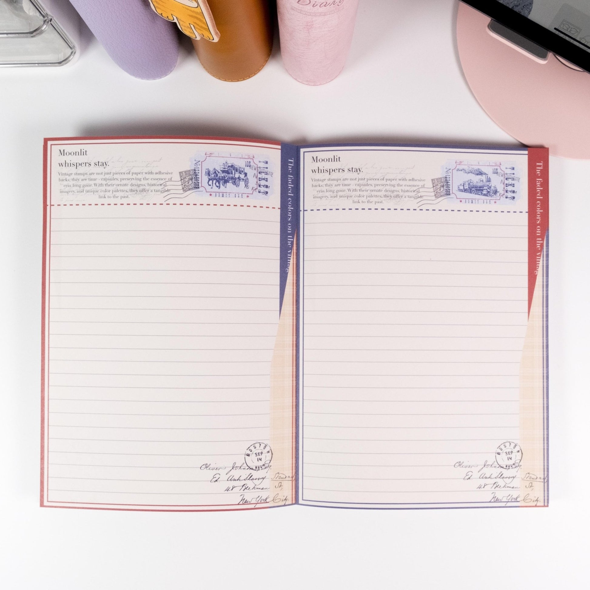 Vintage Train Postage Notepad variant in red and blue tones with retro railway and letter-themed illustration - Miouva