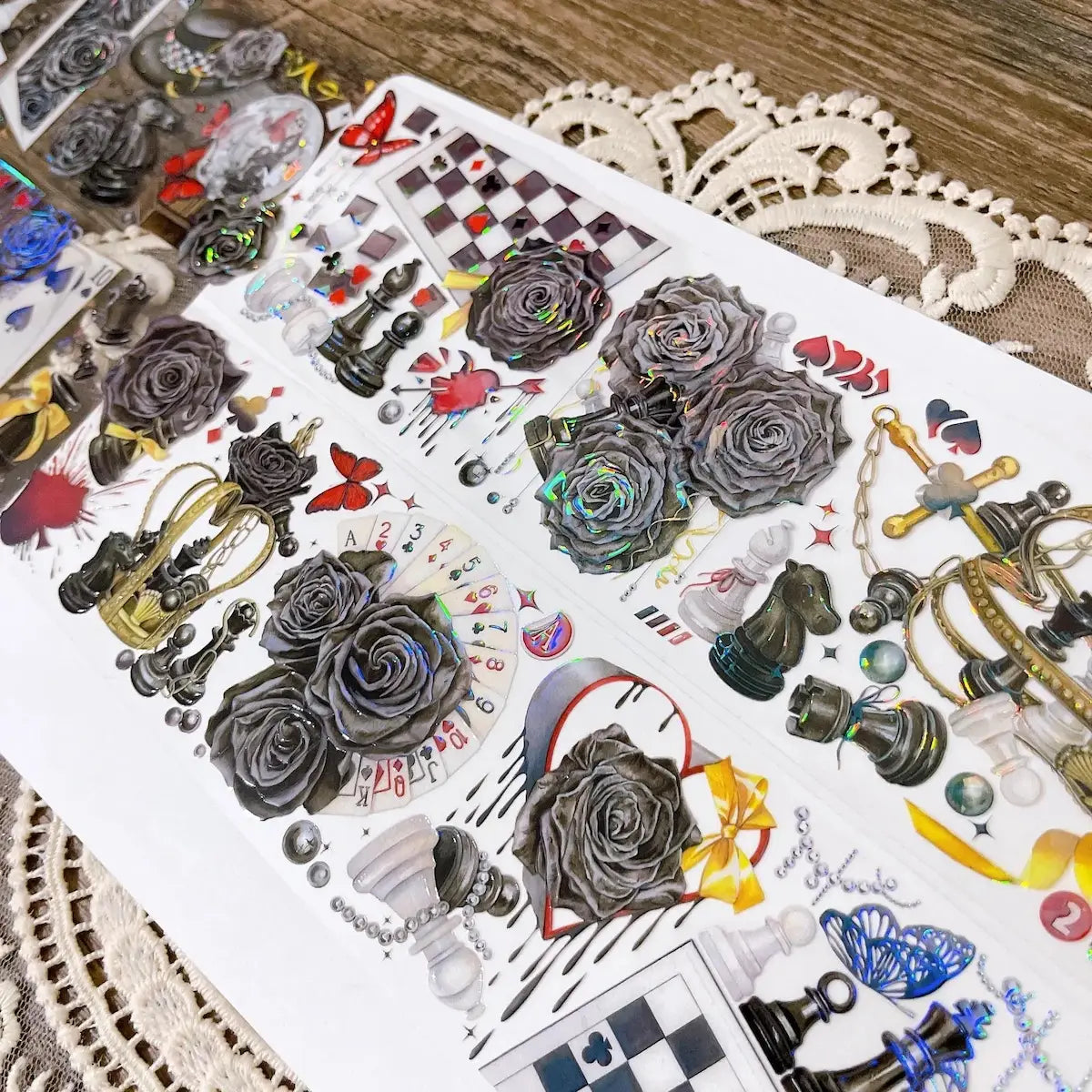 Close-up of holographic black rose and gold crown details on gothic decorative PET tape - Miouva