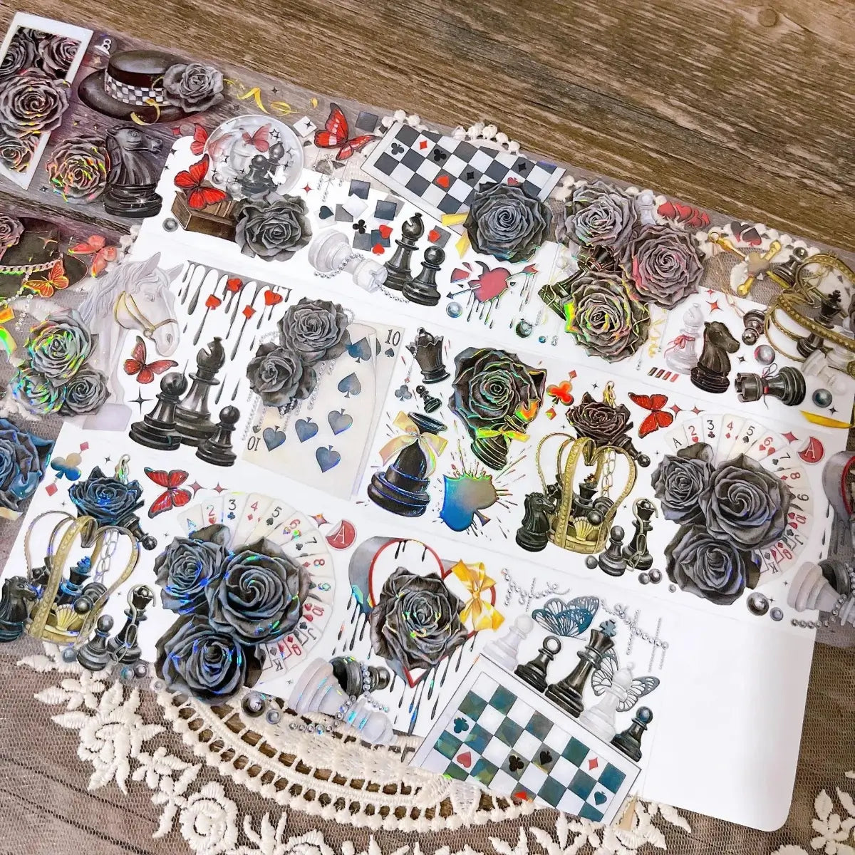 Full sheet of Black Spade Fantasy II PET Tape with gothic chess, roses, and playing card designs by Belong To You - Miouva