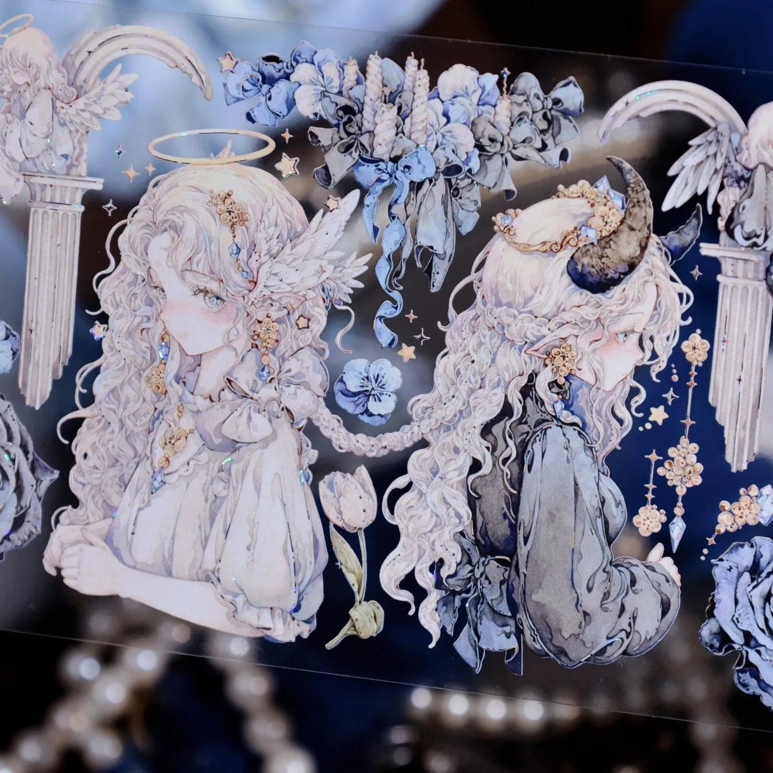 Detailed view of Blue Angel PET Tape showing two angel girls with soft pastel wings and rainbow shine - Miouva
