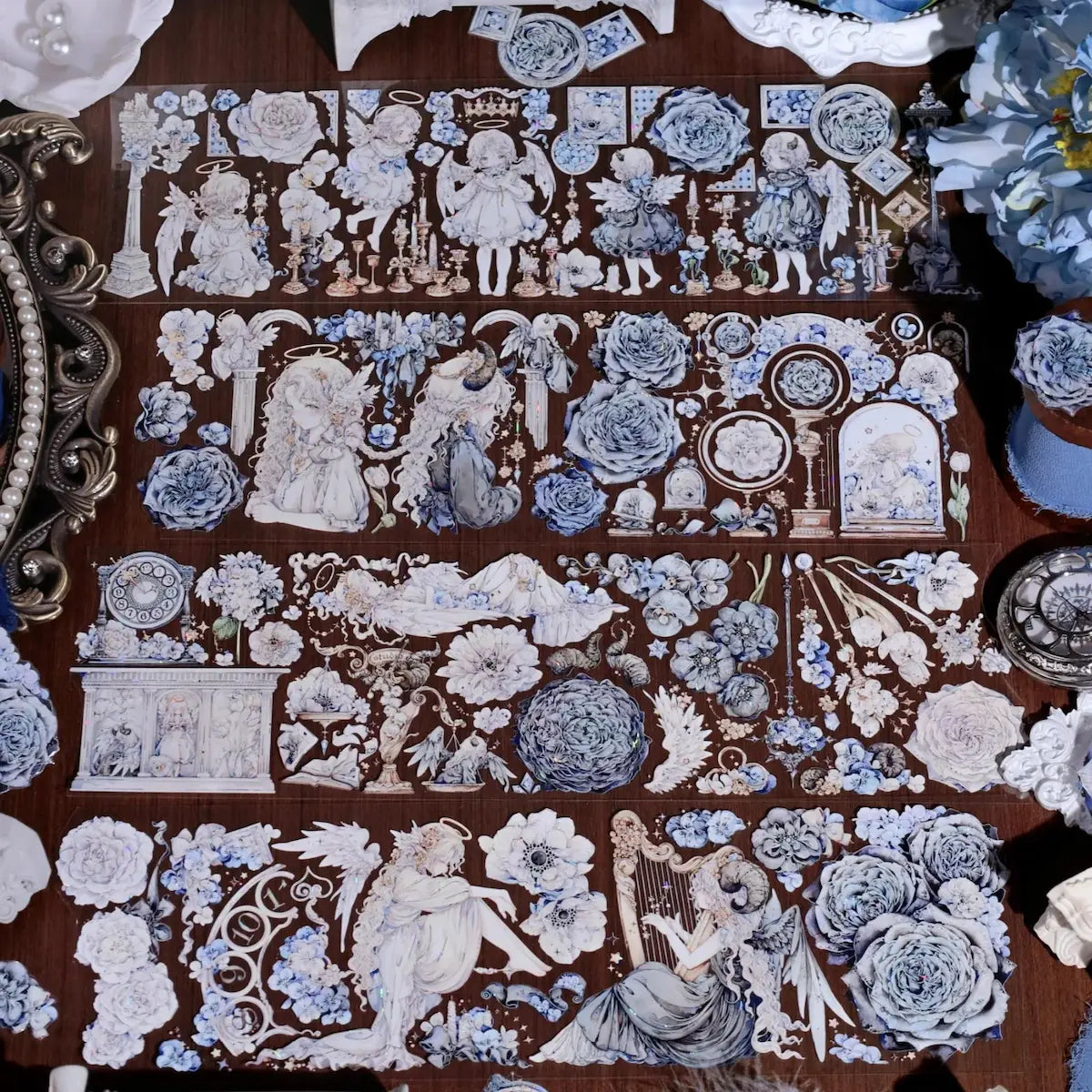 Blue Angel & Feather PET Tape with rainbow-shine effect showing celestial feather and angel illustrations - Miouva