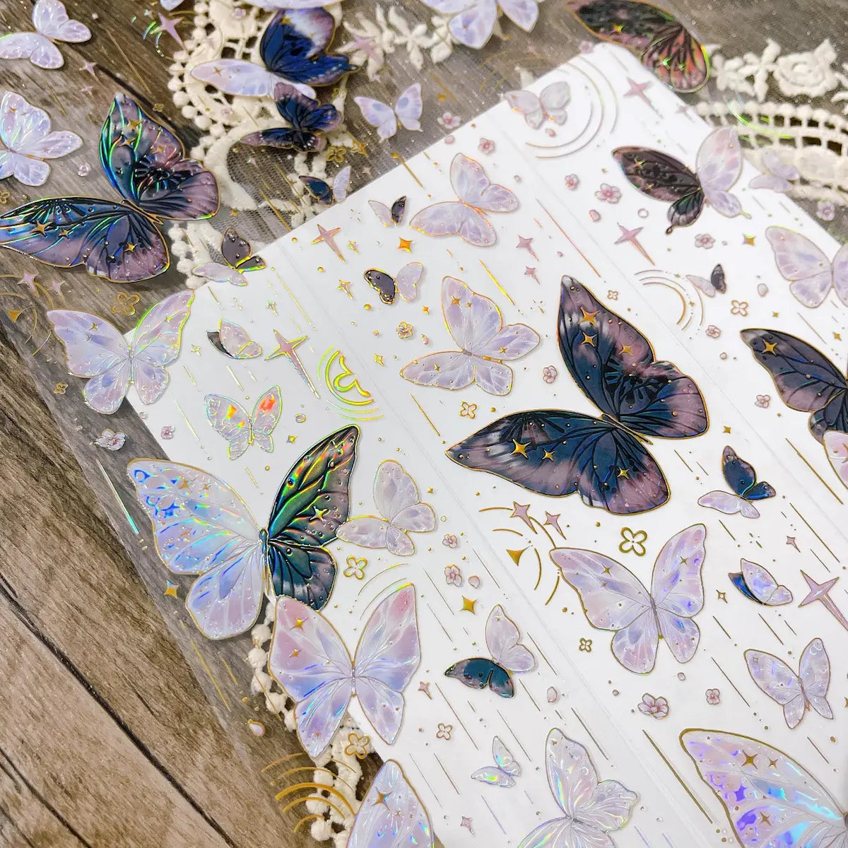 Full sheet of Butterfly Bloom PET Tape with holographic butterflies and moon motifs by Belong To You - Miouva