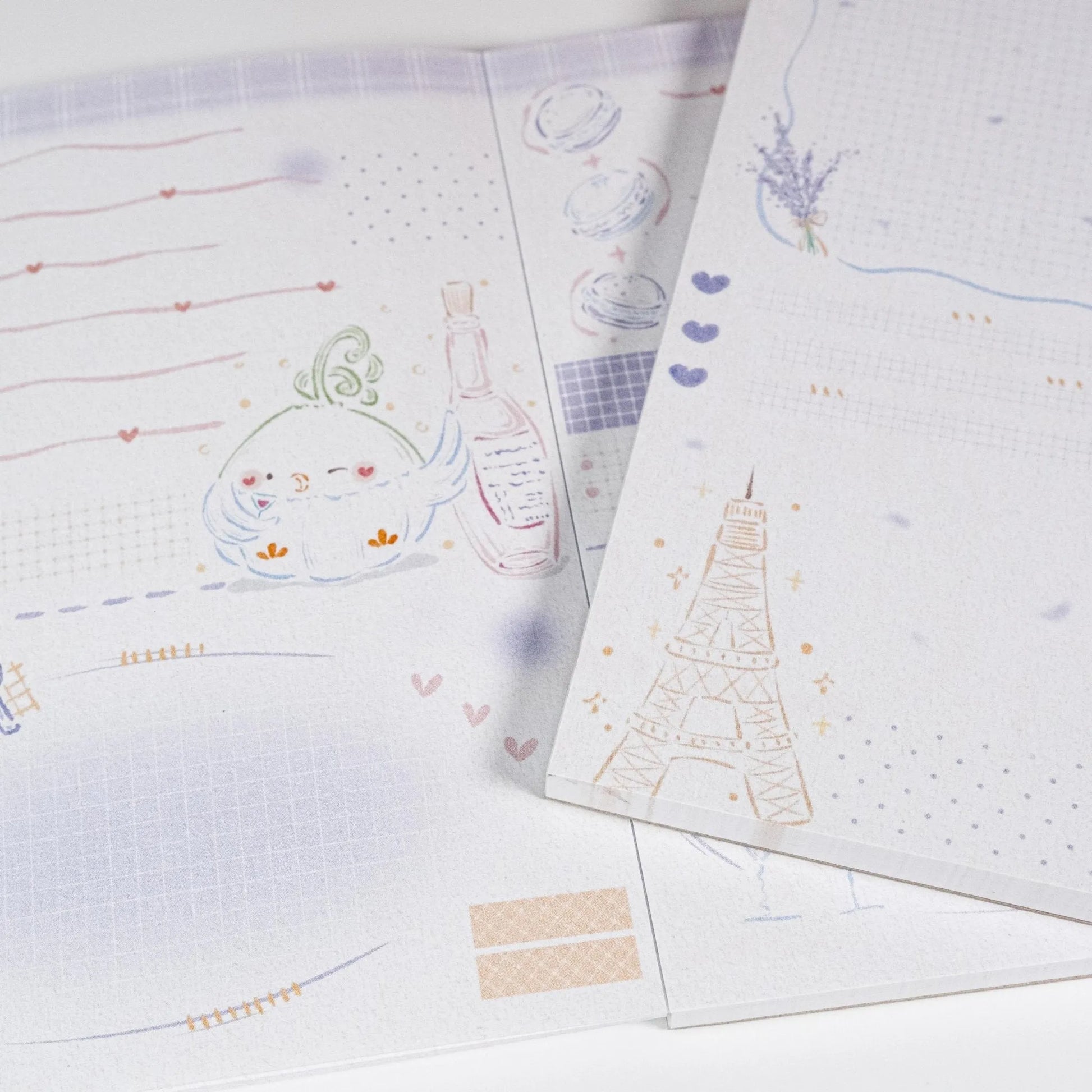 Detailed view of Little Chirp Notepad artwork featuring delicate bird drawings and fine linework - Miouva
