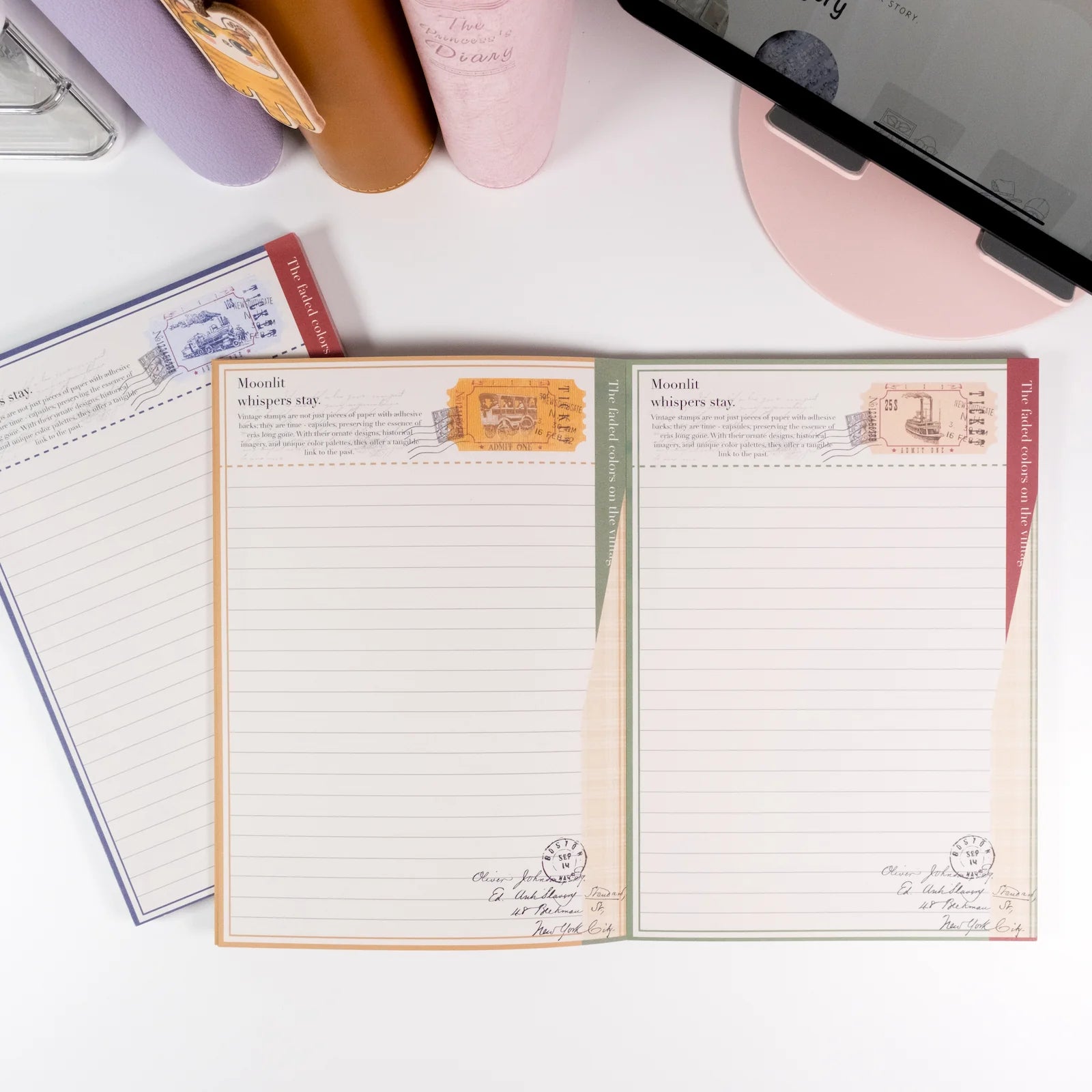 Vintage Train Postage A5 Notepad with exclusive hand-drawn train and postage design in classic retro style - Miouva